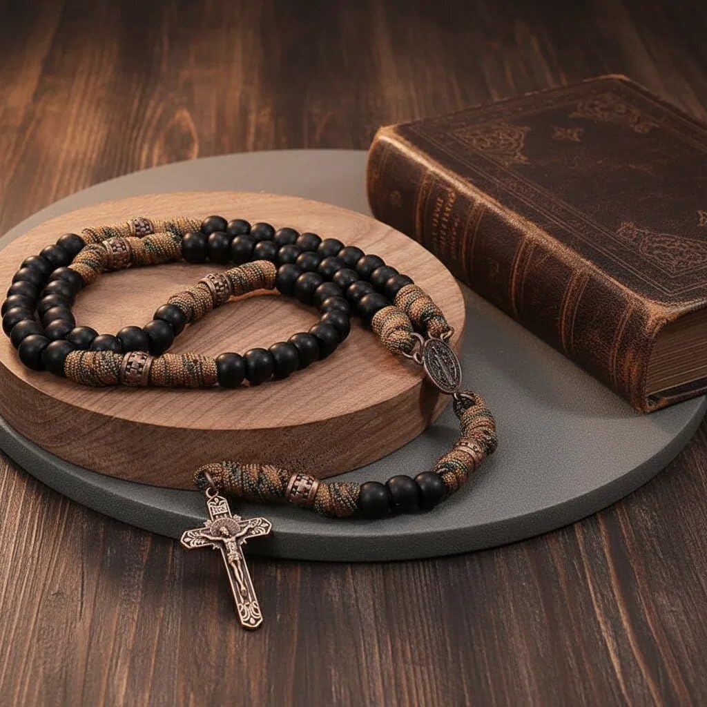 Sklep Nazareth Antique Bronze St Benedict Paracord Różaniec Czarne matowe koraliki Czerwony Biały Wytrzymały Różaniec Mocny sznurkowy naszyjnik