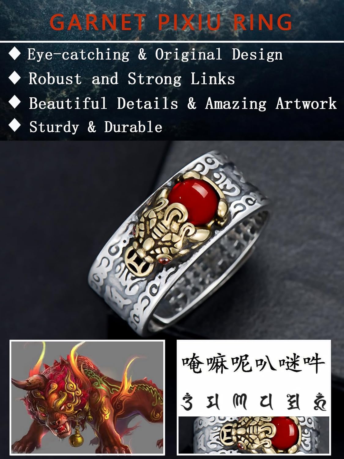 Seiyang Feng Shui Ring 925 Stering Silver Pixiu Mantra Ring Protection Wealth Adjustable Rings Gift for Men Women (with Gift Box) - Image 3