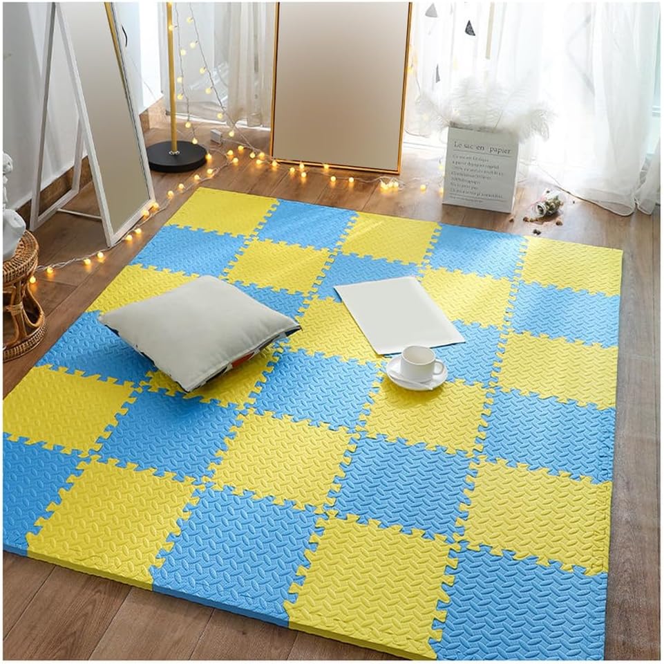 32Pcs 1″ Thick EVA Interlocking Foam Puzzle Mats, Soft Non-Slip 12×12 Gym & Playroom Floor Tiles, Removable Borders, Yellow & Blue, Ideal for Home Exercise & Kids Play