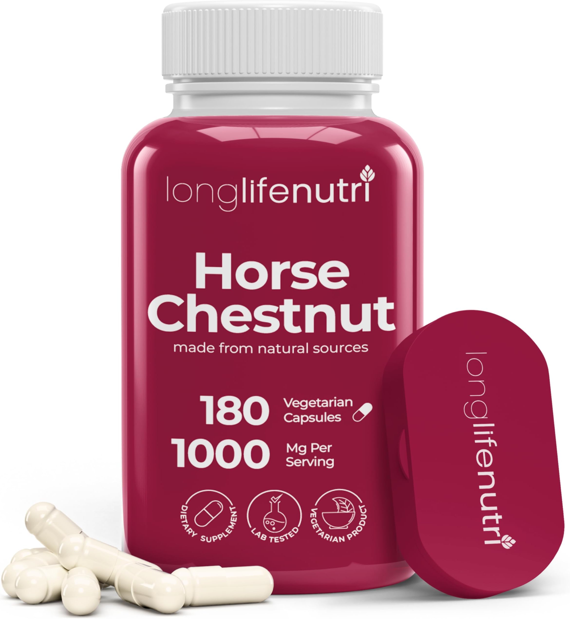 LongLifeNutri Horse Chestnut Extract 500mg 180 Vegetarian Capsules | Made in USA | Aescin 100mg Per Pill | Horsechestnut Seed Supplement 500 mg