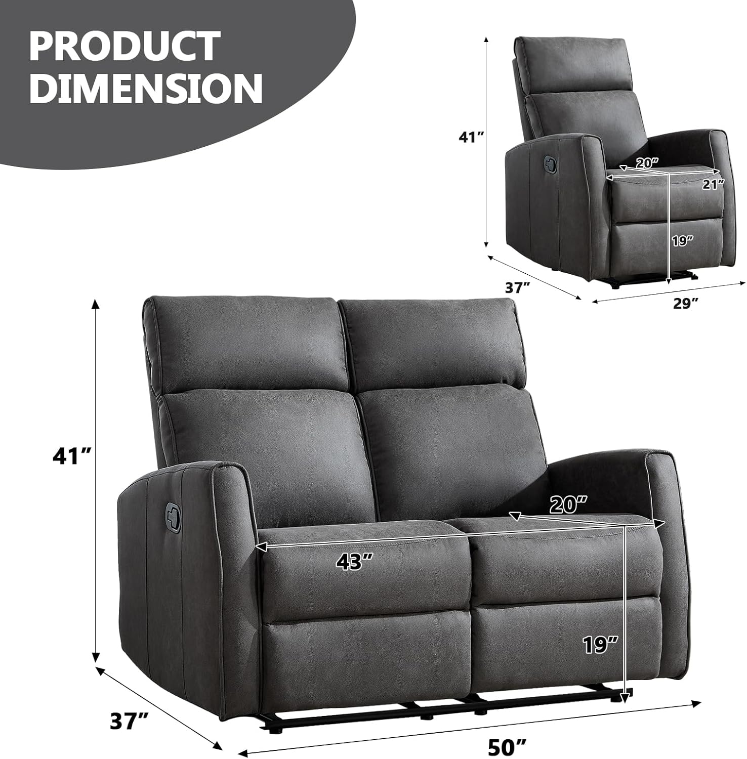 EBELLO Manual Reclining Couch Set for Living Room, Included Fabric Recliner Chair and Wall-Hugger Loveseat Sofa with Overstuffed Backrest, 3 Seats for Home and Office, Grey