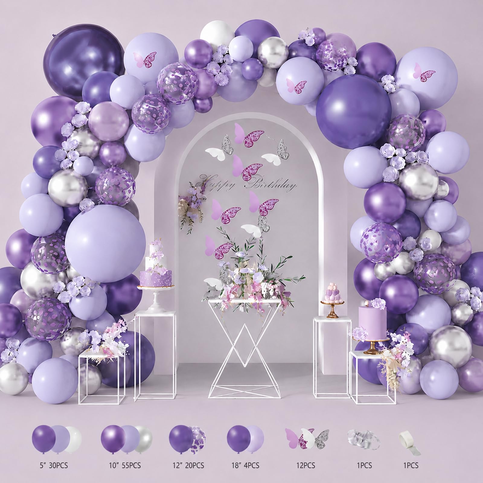 123-Piece Deep Purple Butterfly Balloon Arch Kit, Latex Party Decorations