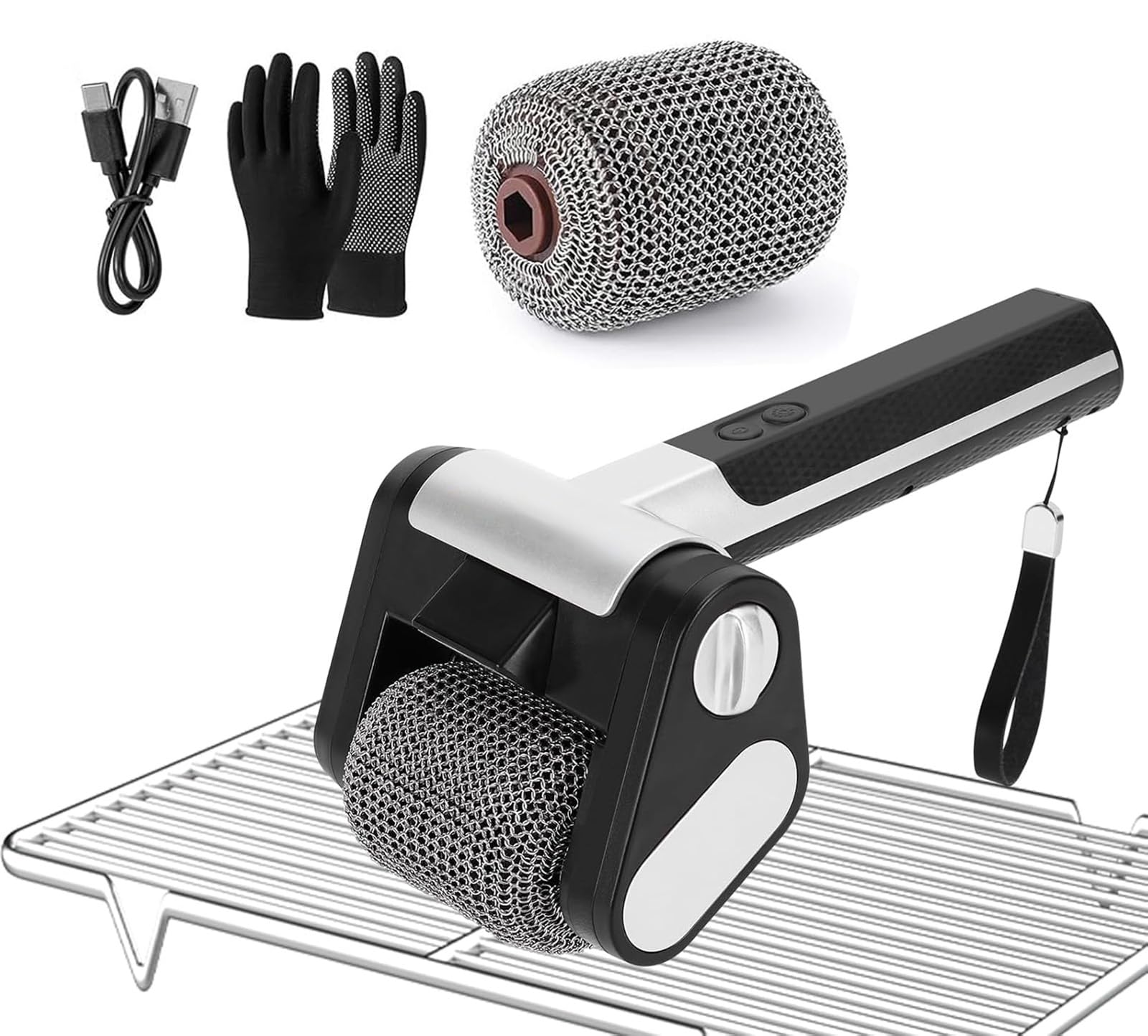 Limpiador eléctrico de parrilla, cepillo recargable para barbacoa con rodillo de acero inoxidable de 350 RPM y luz LED, herramienta sin cerdas para una limpieza eficiente de barbacoas y parrillas