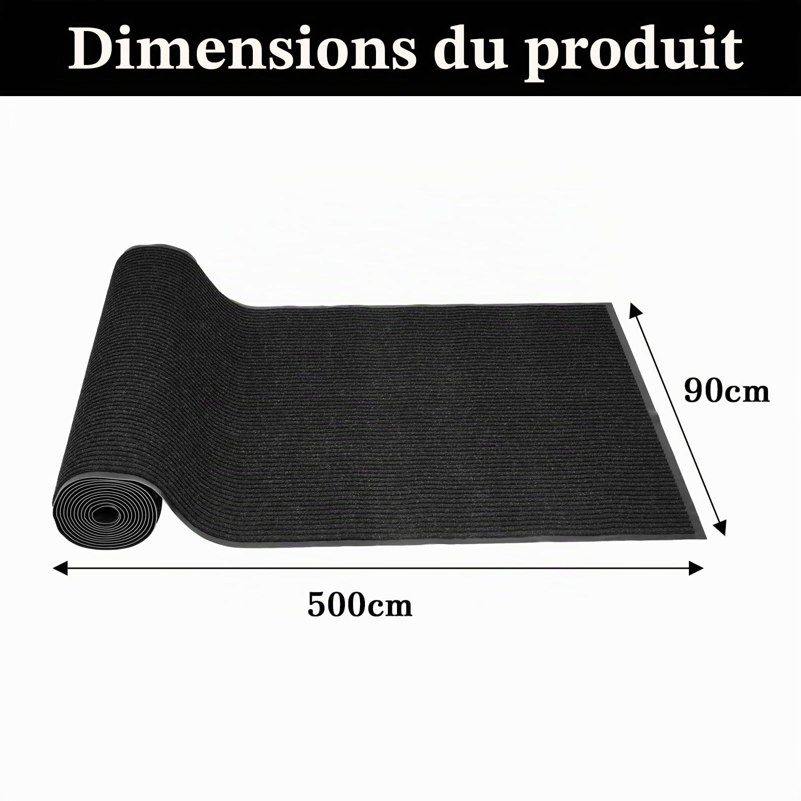 Tapis de couloir, antidérapant, 90 x 500 cm, au mètre, lavable, anti-salissures, noir, 90 cm de large