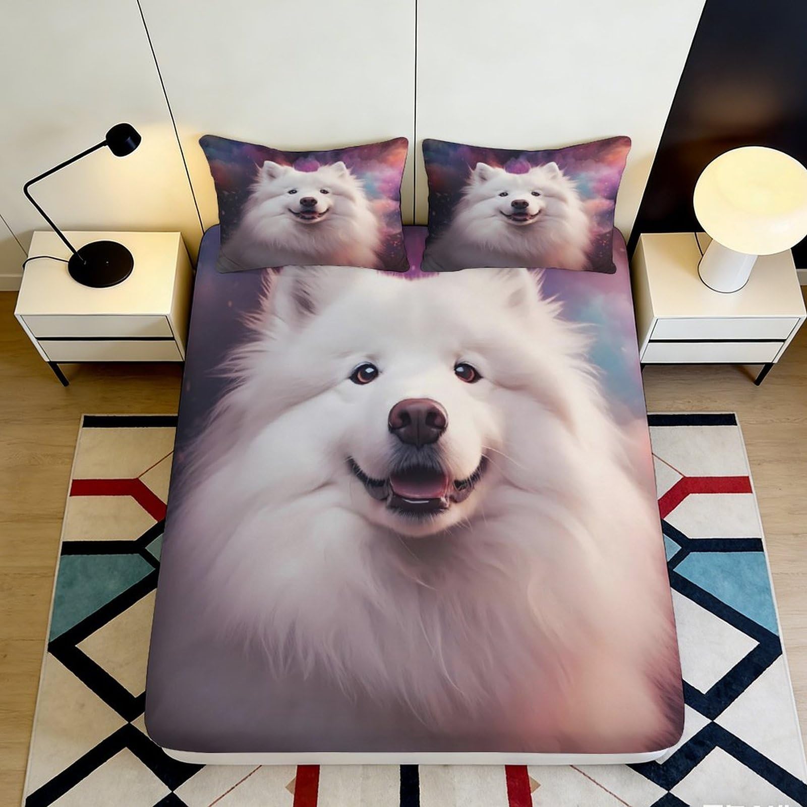 3D Printed White Samoyed Dog Fitted Sheet Microfiber Soft Bedroom Decor Fluffy Dog Mattress Cover Anti-Slip Washable 120x200x25cm