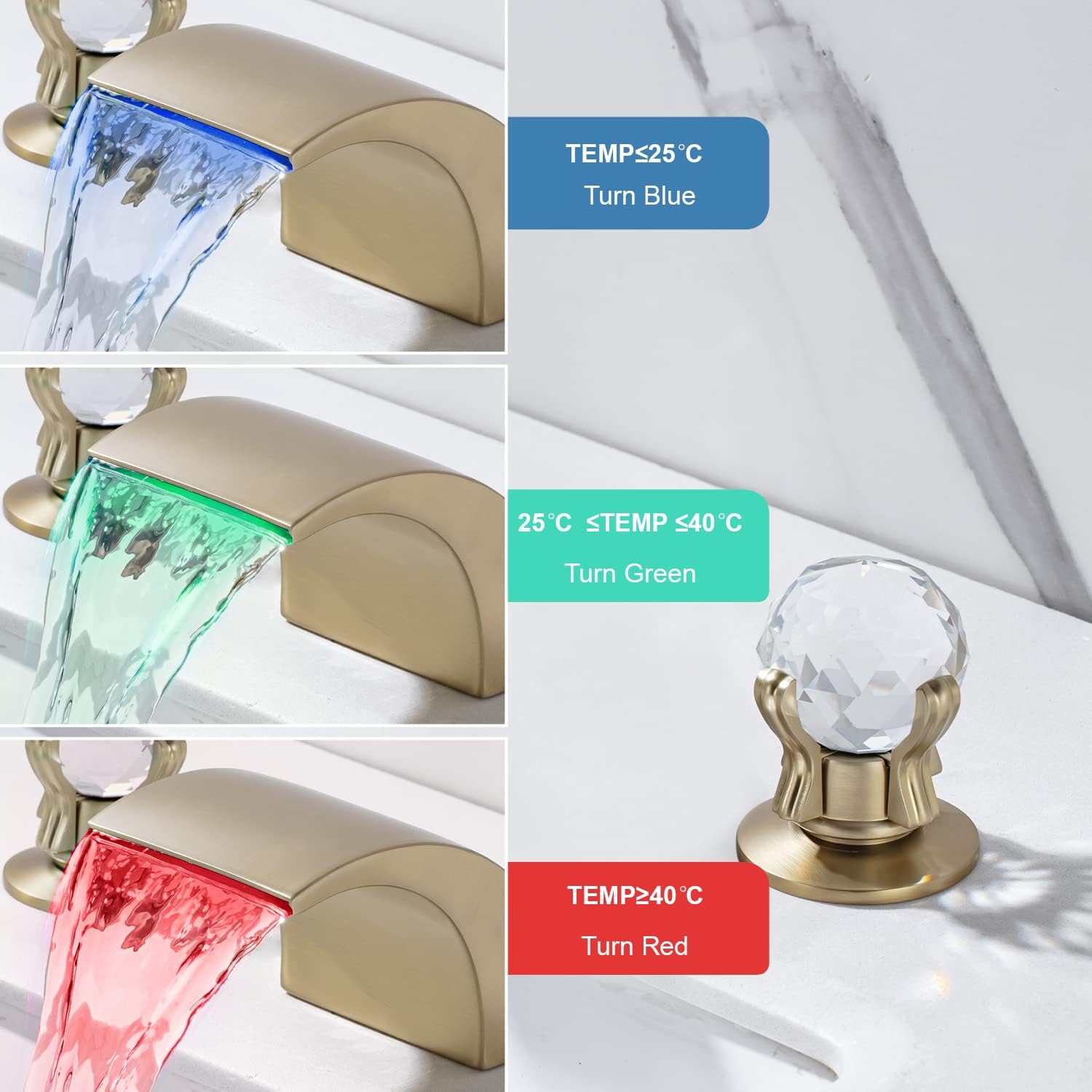 LED Waterfall Bathroom Faucet 3 Holes Widespread 8 Inch Sink Faucet with Dual Crystal Knobs Handles Waterfall Basin Mixer Tap Solid Brass Lavatory Sink Faucets with Led, Brushed Gold