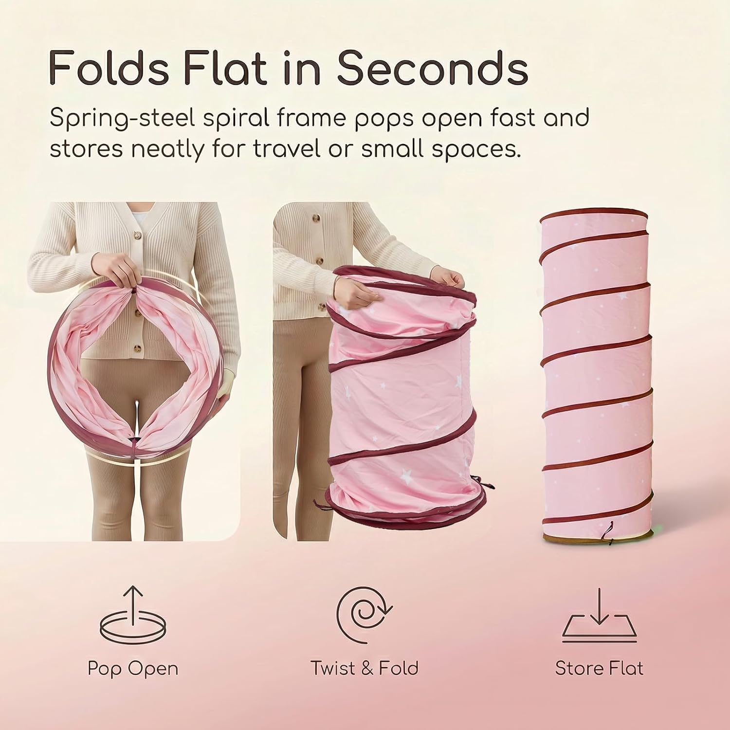 Kids Play Tunnel for Toddlers, Pink Crawl Tunnel with Soft Peach Skin Fabric, 68.9" Long Foldable Indoor Play Tunnel for Girls, Playroom Bedroom Activity Toy image 3