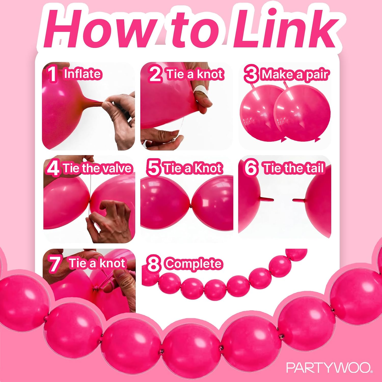 PartyWoo Hot Pink Linking Balloons 100pcs 6 Inch Magenta Fuchsia Link Balloons for Baby Shower Gender Reveal Engagement Bachelorette Wedding Bridal Shower Birthday Party Decorations Pink-y12