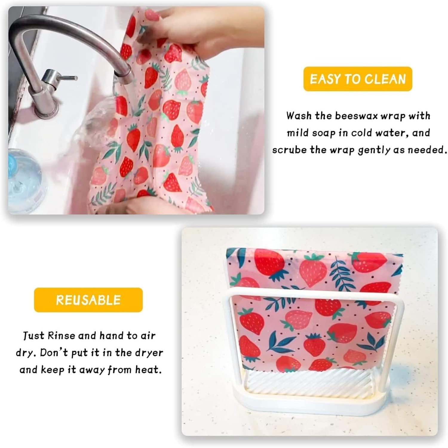 9 Pack Reusable Beeswax Food Wraps, Eco-Friendly Food Storage Wraps, Assorted Sizes & Prints for Fruits, Bread & Bowls image 3
