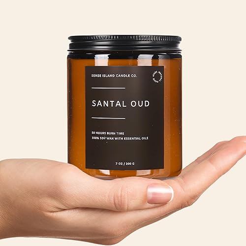 Miniatura 3 de SENSE ISLAND Velas perfumadas Santal Oud para hombres y mujeres 100% vela de soja natural 7oz, hasta 50 horas de tiempo de combustión, vela
