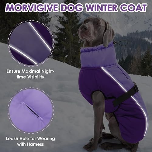 Miniatura 5 de MORVIGIVE Abrigo cálido para perro, abrigo de invierno acolchado de cuello alto para perro con agujero para la correa, chaqueta reflectante