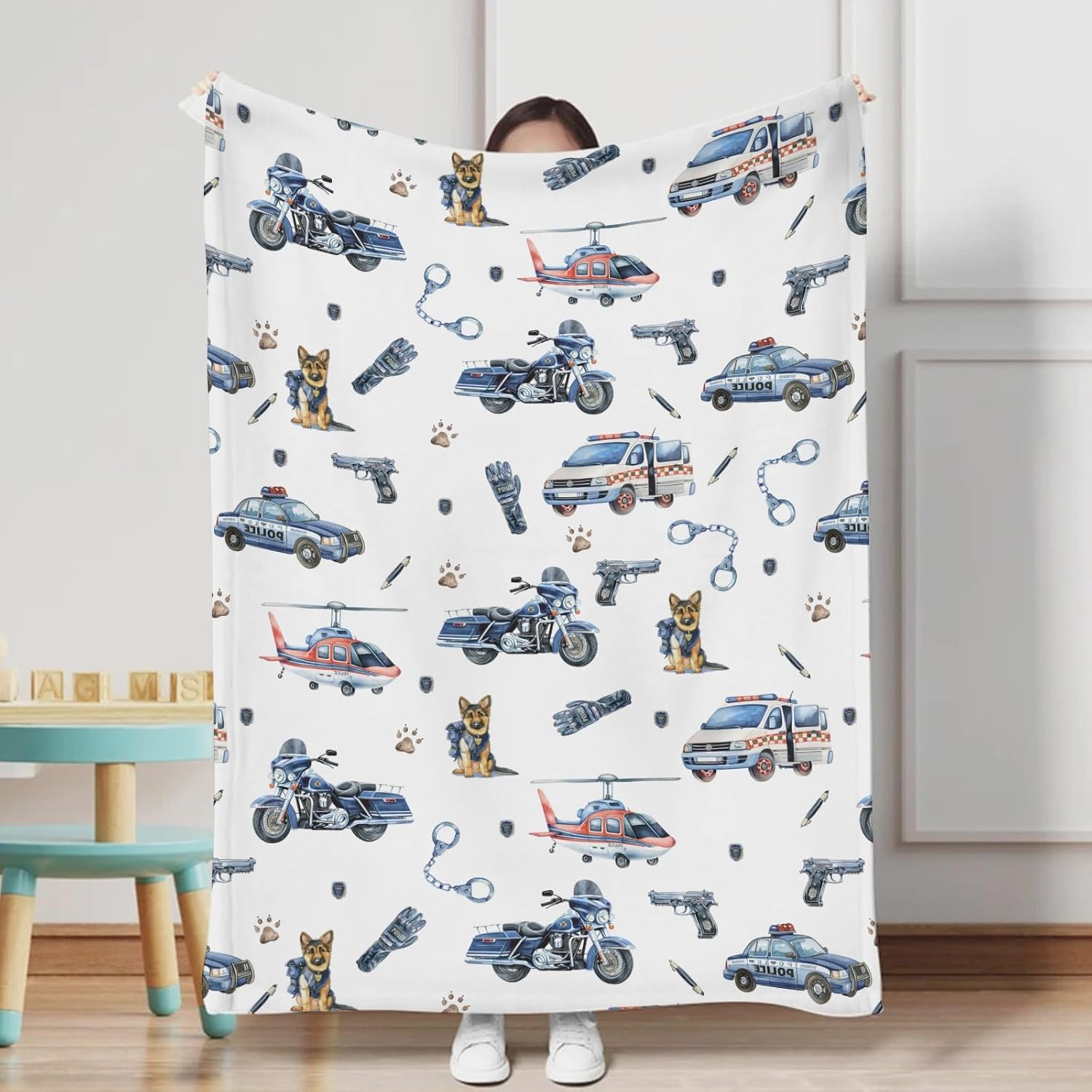 Watercolor Police Vehicles Car Motorcycle Helicopter Baby Blanket for Boys Police Dogs Flannel Swaddle Blanket Soft Receiving Blankets Newborn Nursery Toddler Daycare Crib Bed Blanket Playmat 60x80