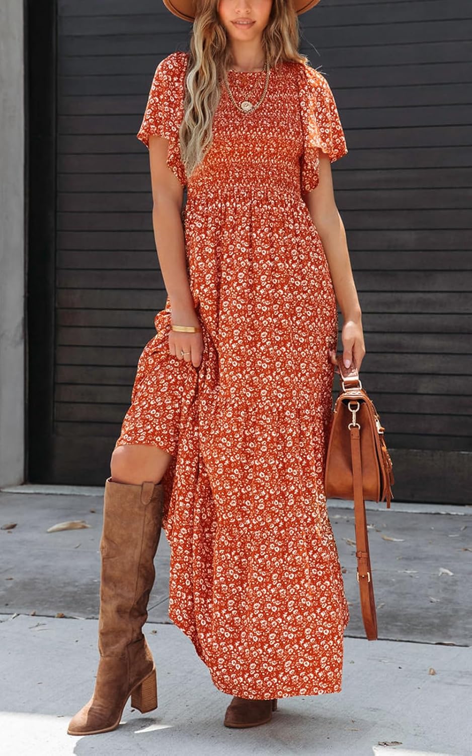 PRETTYGARDEN Women's 2026 Spring Casual Flutter Short Sleeve Boho Floral Maxi Dress Crew Neck Smocked Tiered Long Dresses - Image 2