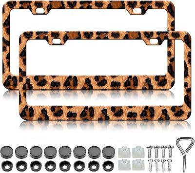 Leopart License Plate Frame - 2PCS Personalized Brown Leopart Print Aluminium Metal License Plate Holder, Rust-Proof Waterproof Car Decorative Tag Frames