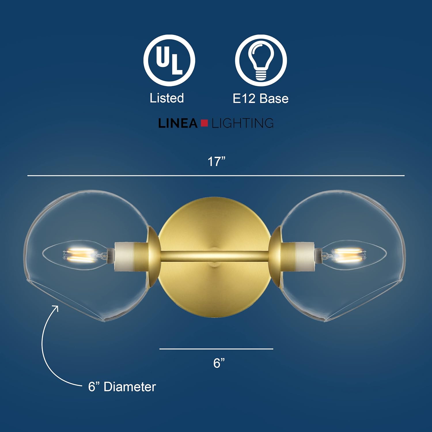 Linea di Liara Angolo Gold Wall Sconce Lighting Fixtures Modern 2-Light Bathroom Vanity Wall Light Fixture for Hallway Bedroom Wall Lighting Globe Wall Sconce, Clear Glass, UL Listed