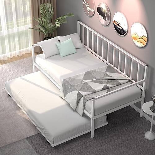 Miniatura 6 de Giantex Sofá cama individual con nido, sofá cama de metal tamaño individual con nido extraíble con 4 ruedas, sofá cama con soporte de listones de