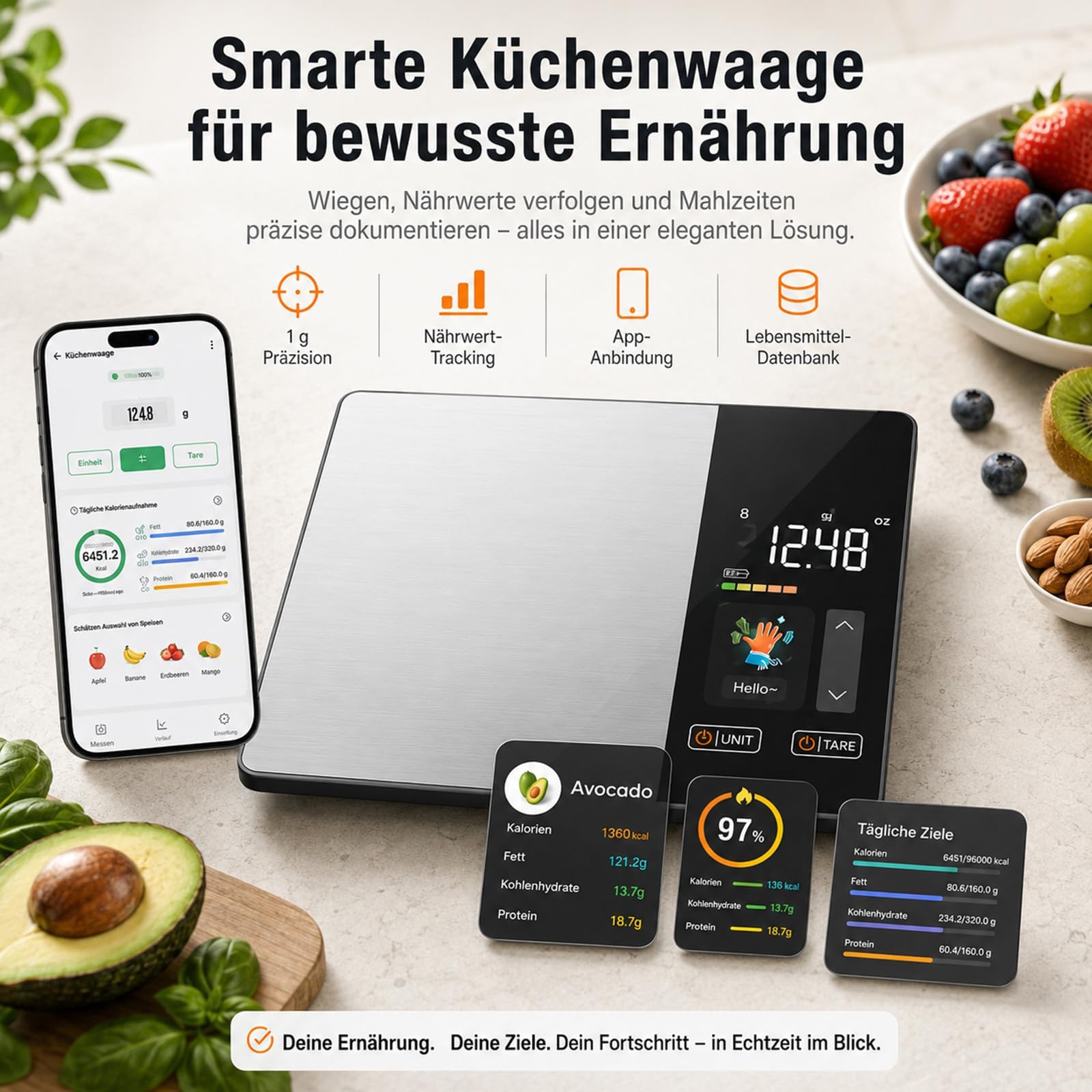Smart Vita Küchenwaage, Smartvita Küchenwaage Kalorienwaage Hohe Präzision LCD-Display für Kochen Und Backen, Einfach Zu Reinigen Haushalt Und Profi