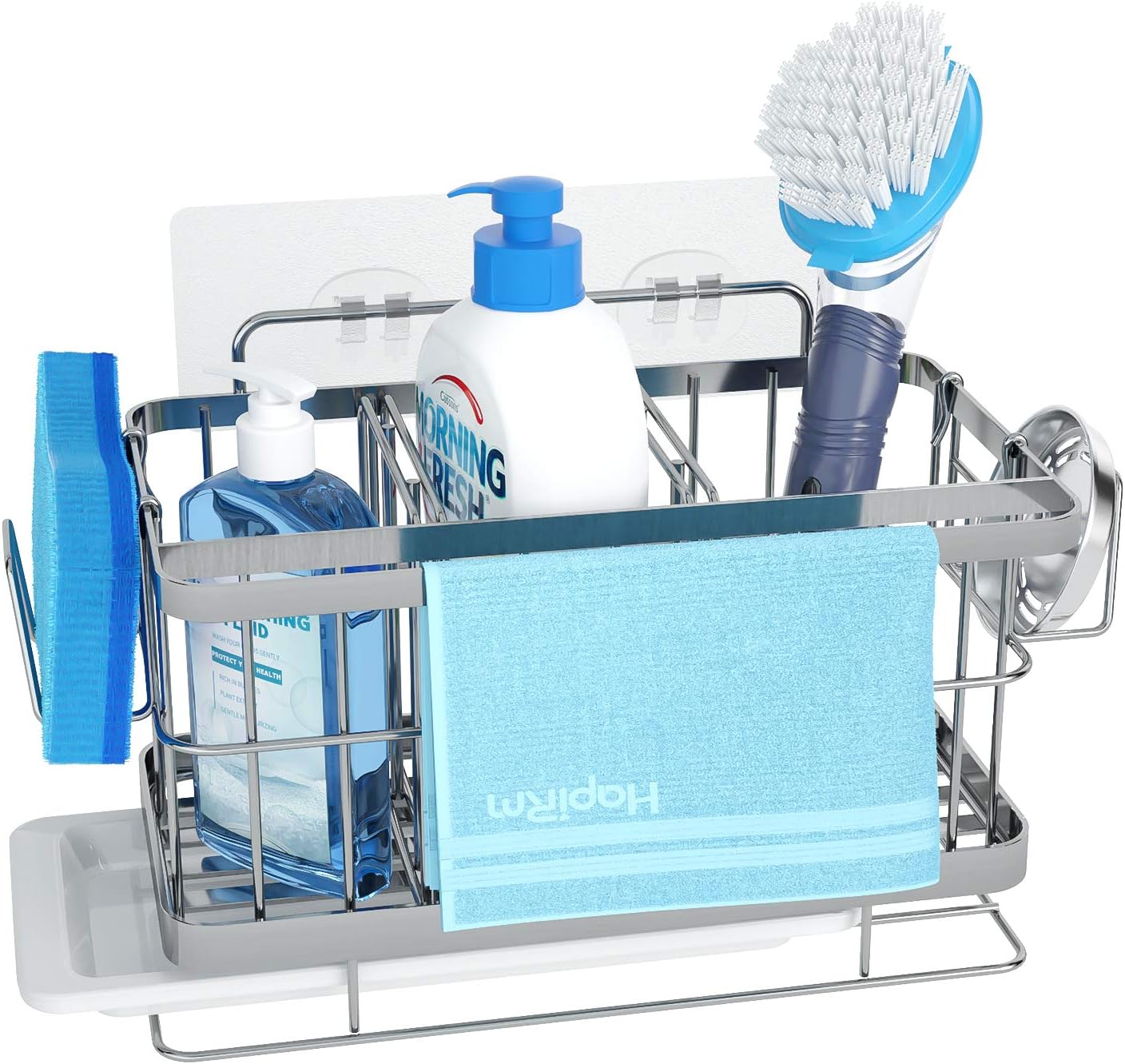 HapiRm Sink Tidy Kitchen Caddy Kitchen Organiser 4 in 1 Sponge Holder Brush Holder Cleaning Organiser Cloth Holder,Kitchen Utensils Holder Countertop & Wall Mounted, 2 Adhesives, Stainless Steel