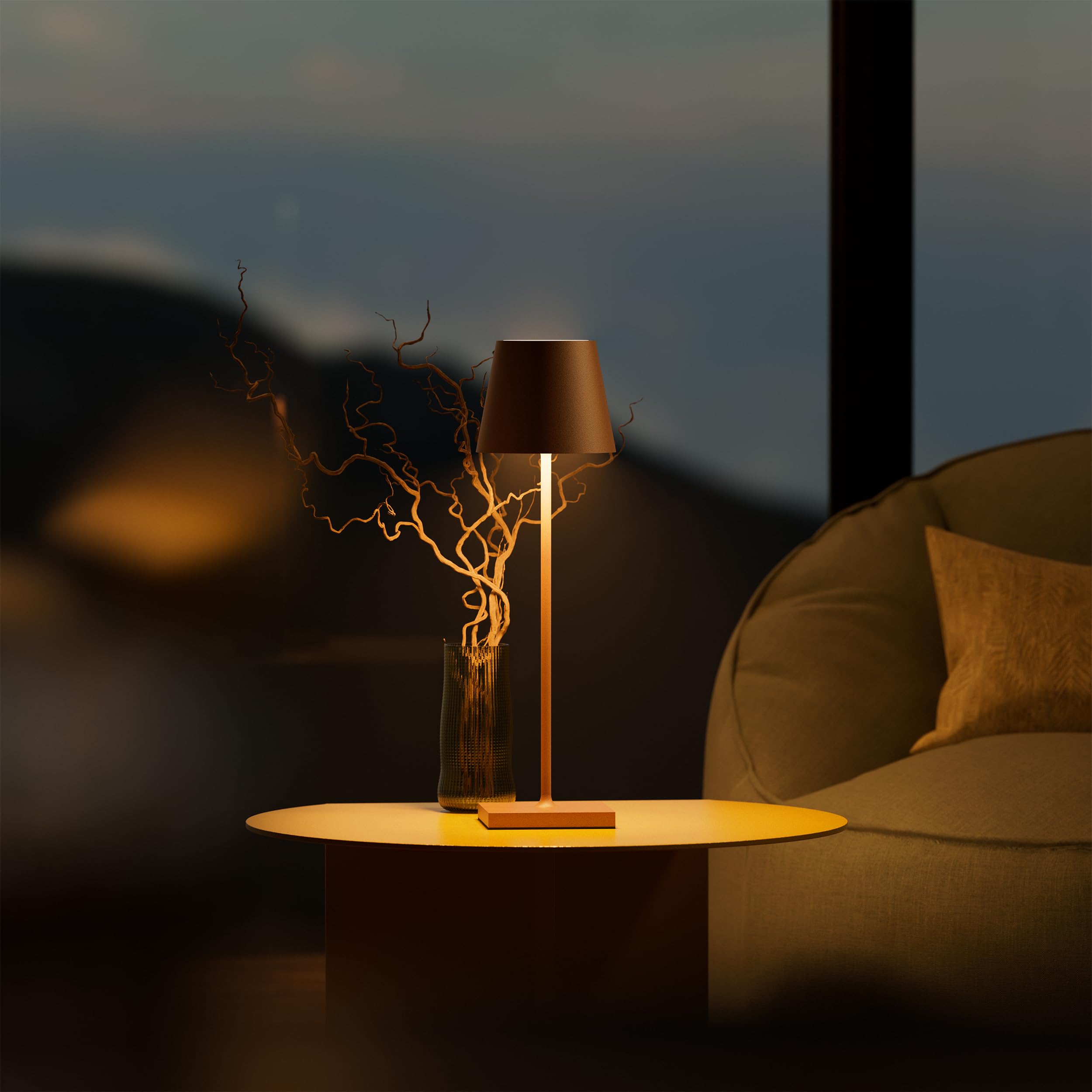 SIGOR Nuindie 2.0 - Dimmbare LED Akku-Tischlampe Indoor & Outdoor, IP54 spritzwassergeschützt, Höhe 38 cm, aufladbar mit USB-C, 12 h Leuchtdauer, mokkabraun