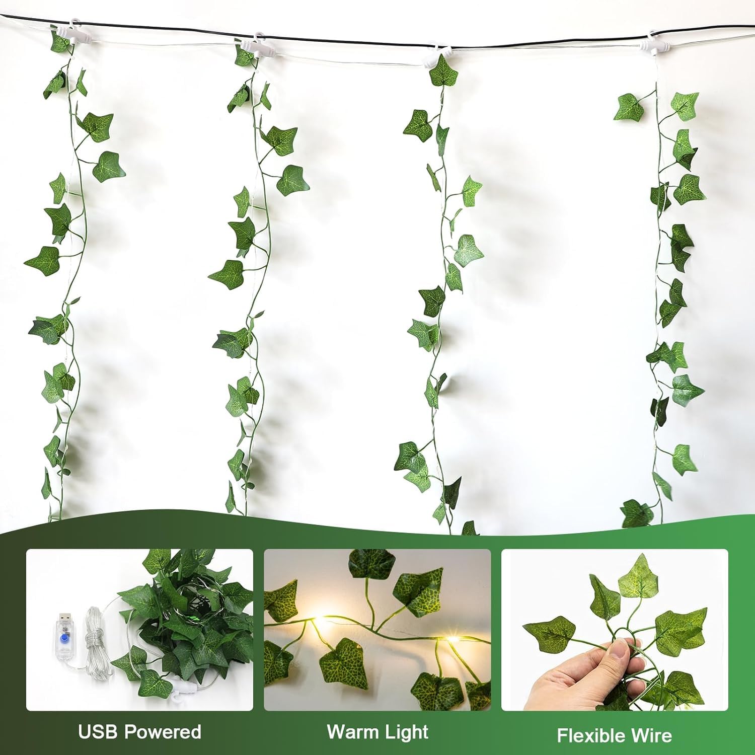 A.bigwhale Guirlande lumineuse de vigne artificielle pour chambre à coucher, 2 x 2 m, guirlande de lierre avec 200 LED, 8 modes, lumières de vigne à suspendre USB pour mariage, fenêtre, mur, fête