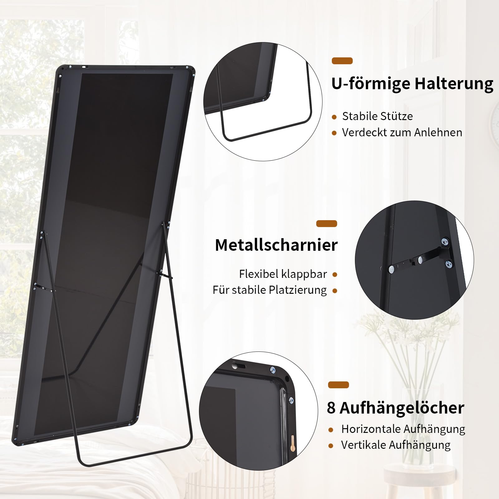 Koonmi Standspiegel mit abgerundeten Ecken, 40 x 150 cm Ganzkörperspiegel mit Ständer, großer Fußboden Standspiegel Ganzkörperspiegel Wand Hänger für Schlafzimmer, Wohnzimmer, Schwarz