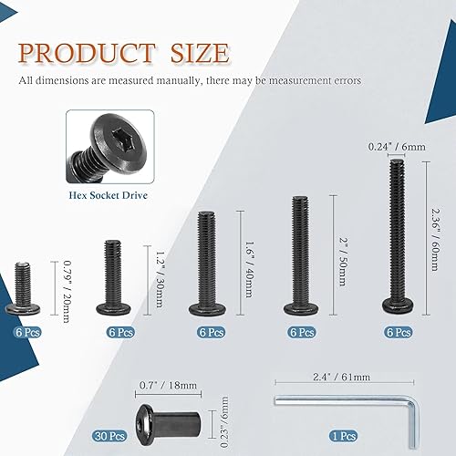 Vista 90 de 10 pares (20 piezas) M6 x 0.630 in Tornillo hexagonal con llave Allen, pernos de conector plateados para muebles, tornillos avellanados M6, tuercas