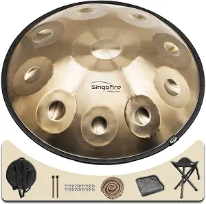 10-Notes Handpan Drum, 22-Inch 440Hz D Minor Kurd Handpan in Gold with Accessories