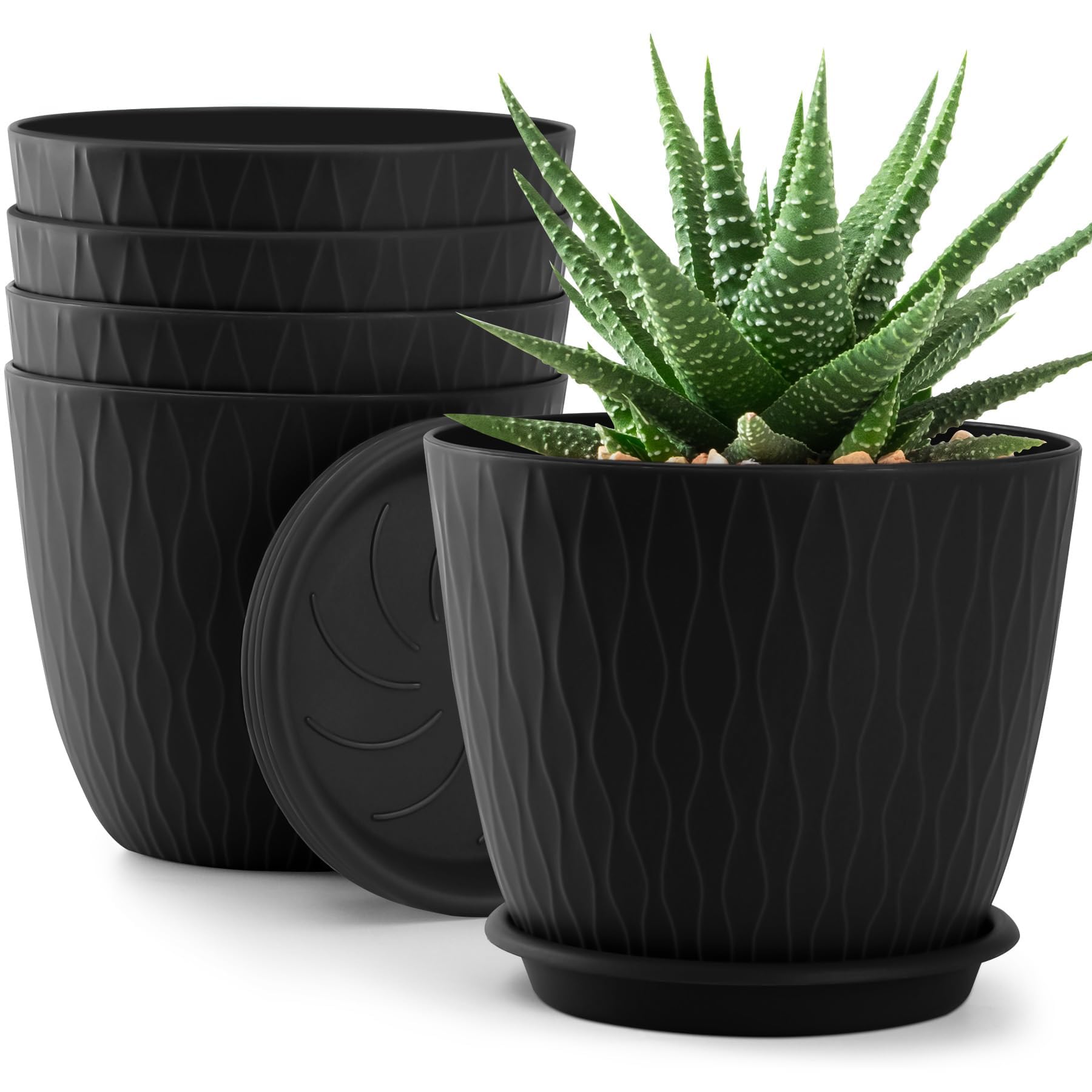 QRRICA Plant Pots – 6 Inch Planters with Drainage Holes and Saucers, Flower Pots for Indoor and Outdoor Plants, Nursery Planting Pots (Pack of 5,