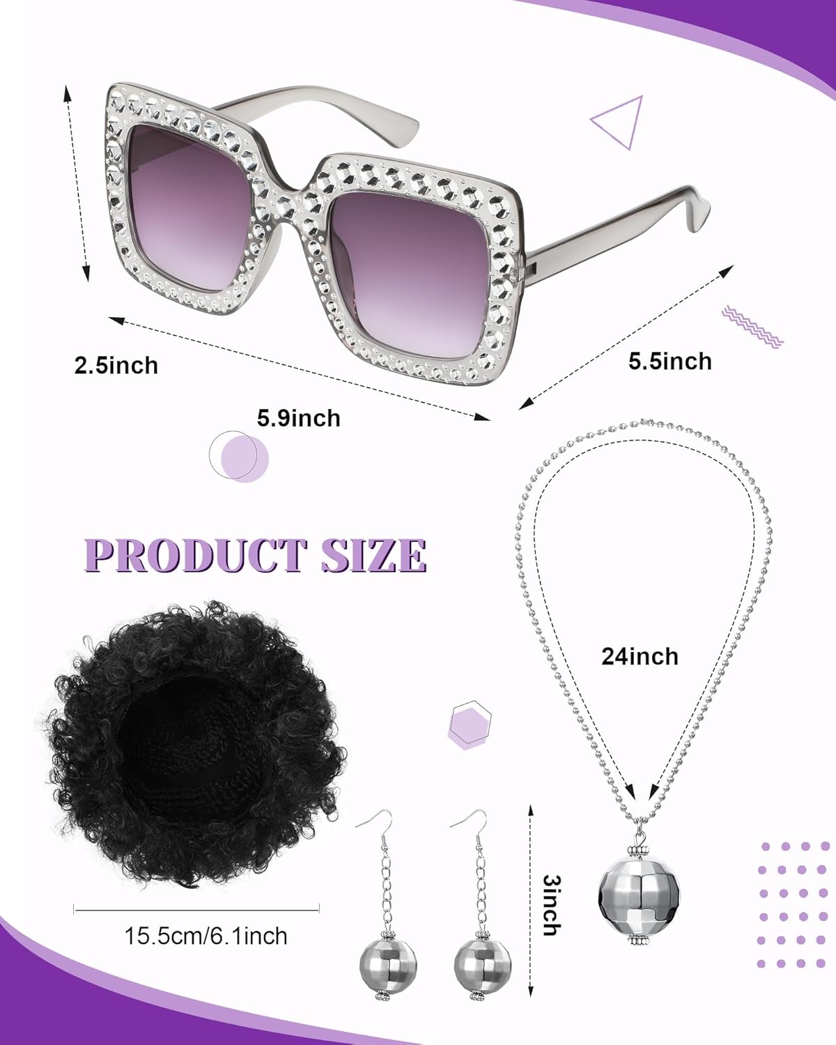 Jexine 70s Women Disco Outfit Costume Disco Party Top Pants Sunglasses Ball Necklace Earring Wig for Halloween New Year Eve - Image 3
