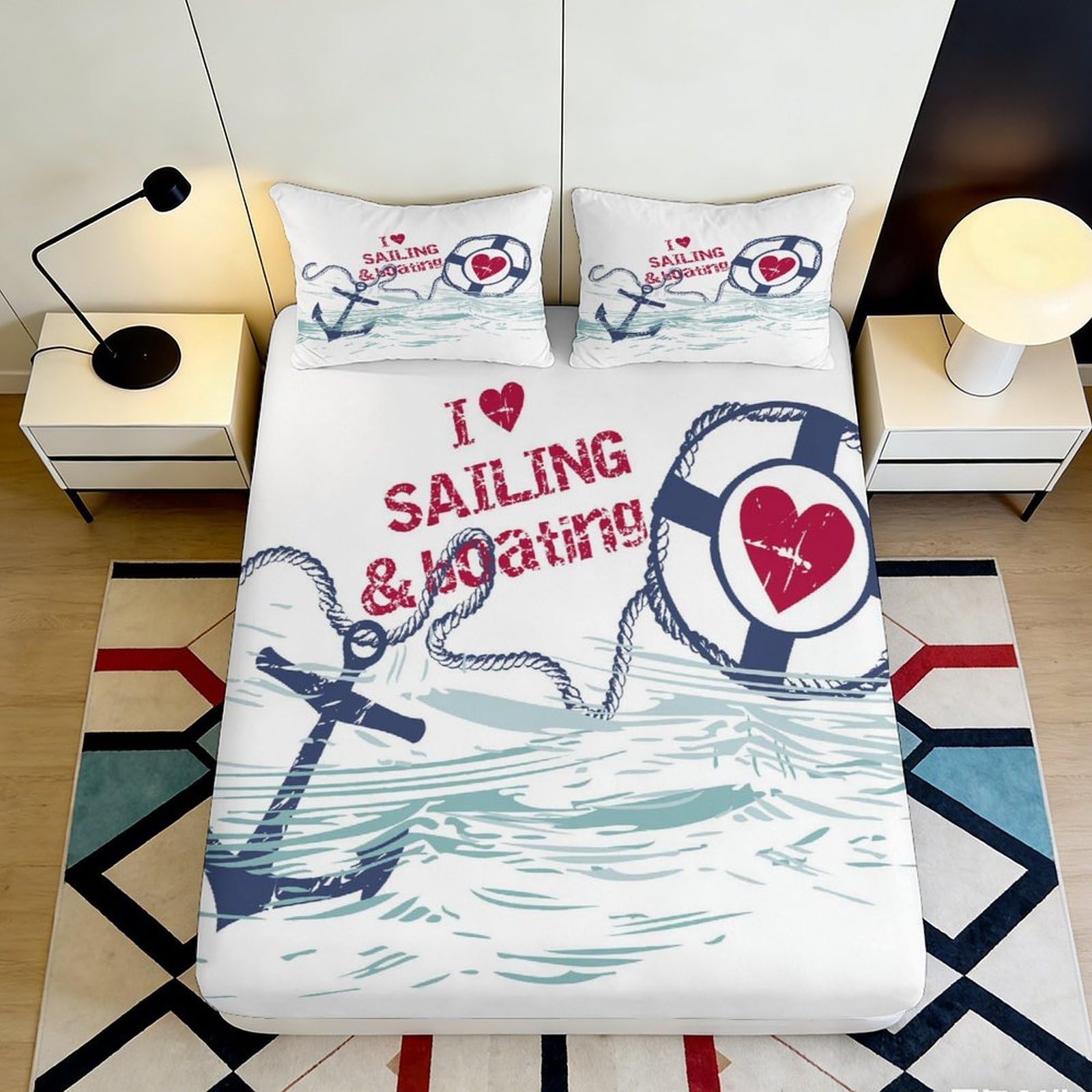 3D Printed Nautical Anchor Fitted Sheet Microfiber Soft Sailing Lifebuoy Mattress Cover Bedroom Decor 90x200x25cm