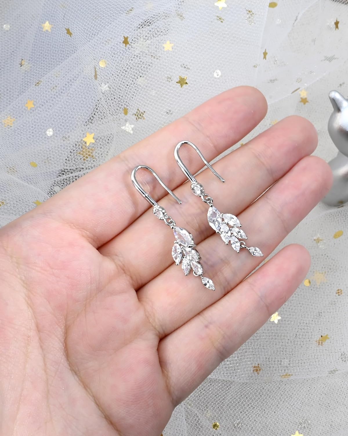 925 Sterling Silver Leaf Earrings Drop Dangle Clear Cubic Zirconia Stone Statement Lightweight Wedding Earrings for Women - Image 5