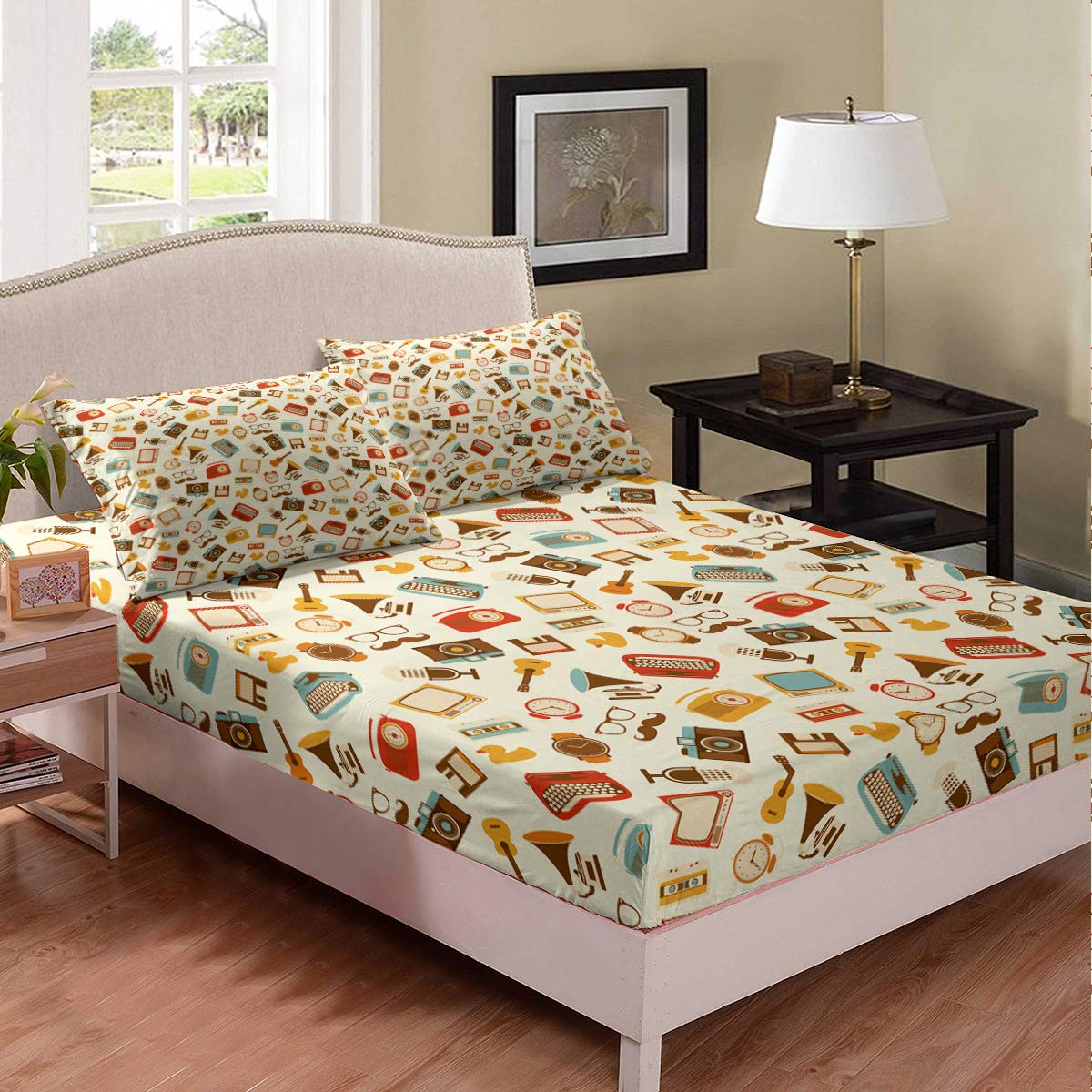 Camera Keyboard Guitar Fitted Bed Sheets Vintage Cartoon Instrument 3 Piece Bedding Decor Set for Kids Boys Girls Old Tv Audio Tape King Size Child Room Decor