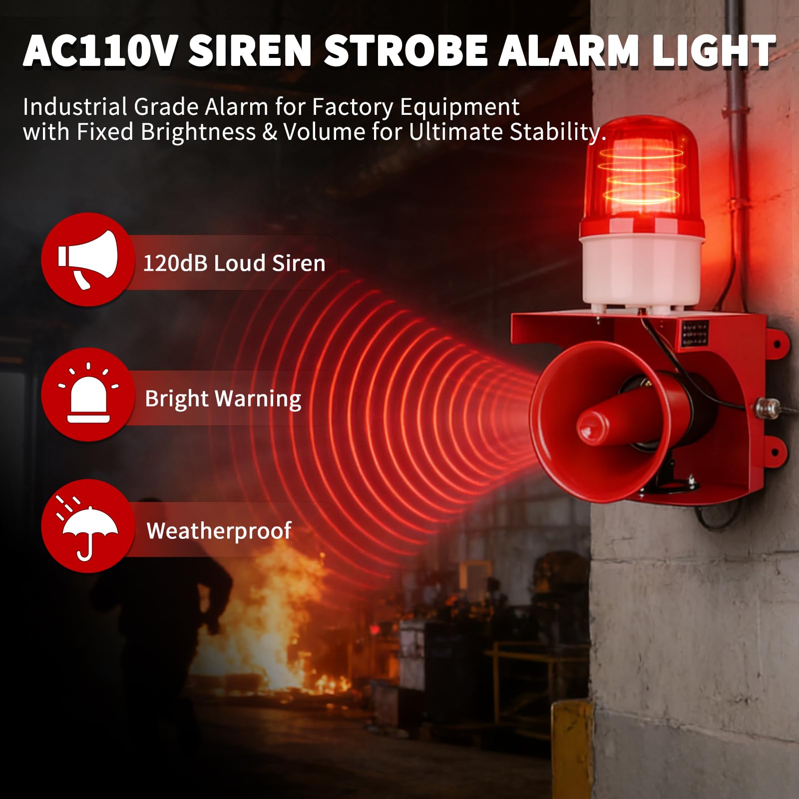 AC110V-120V - Alarma de sirena industrial con luz estroboscópica de 120 dB, cuerno fuerte y faro rojo, alarma de seguridad impermeable para interiores y exteriores para emergencias, fábrica, oficina,