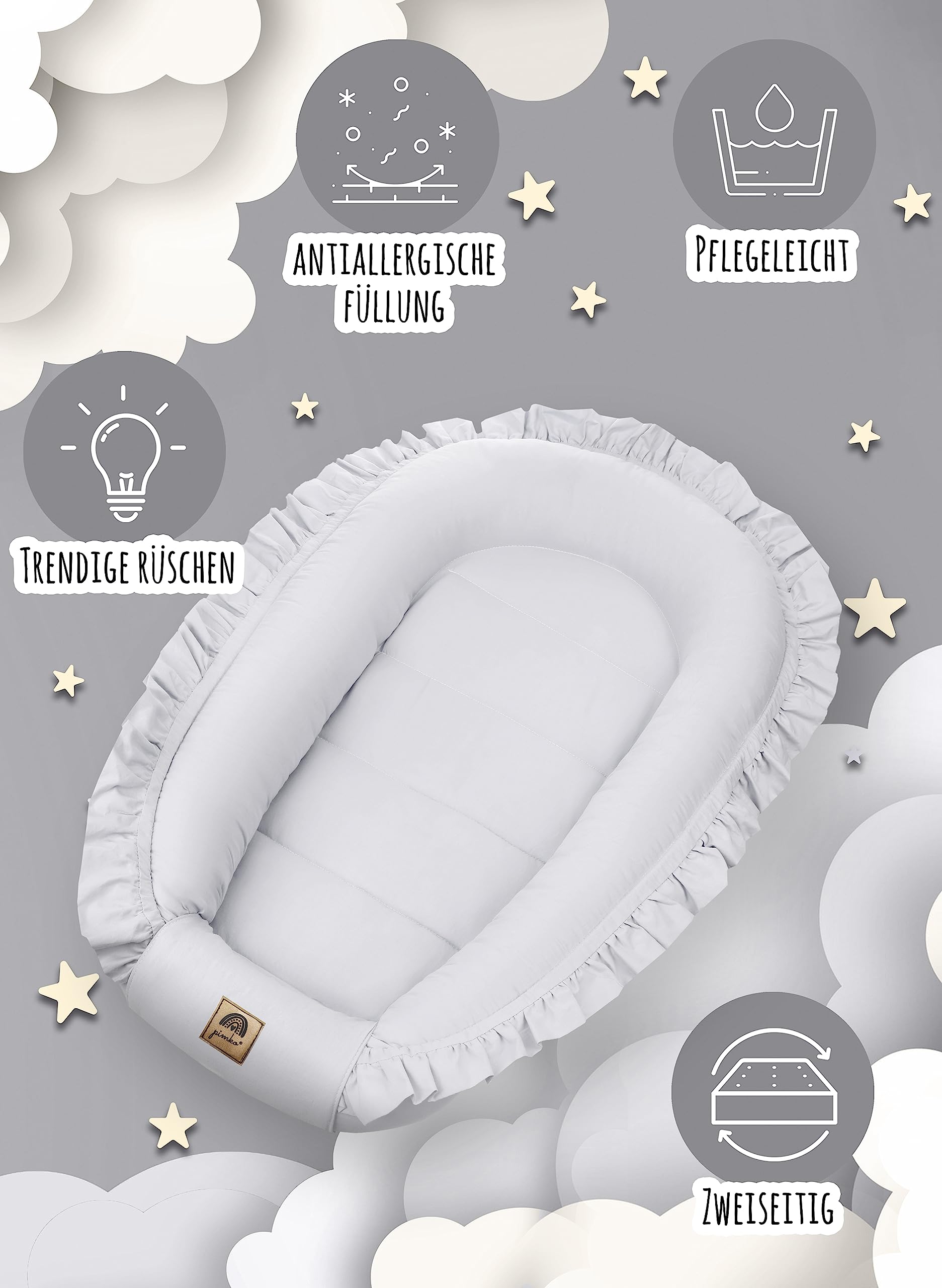 PIMKO Babynest met ruches babynestje voor baby's, knuffelnest, babycocon voor zuigelingen en pasgeborenen, 100% katoen, geschikt voor thuis, 55 x 90 cm (Provance