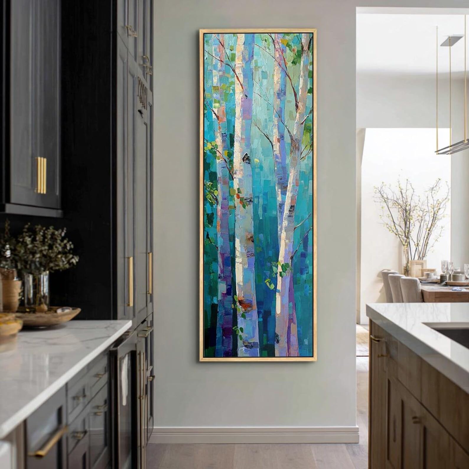 YUSUZHU Quadro su tela alto e stretto, ideale per ingresso e corridoio, con stampe verticali di alberi, betulla su tela, decorazione naturalistica lunga e sottile (20x60 cm/cornice interna)