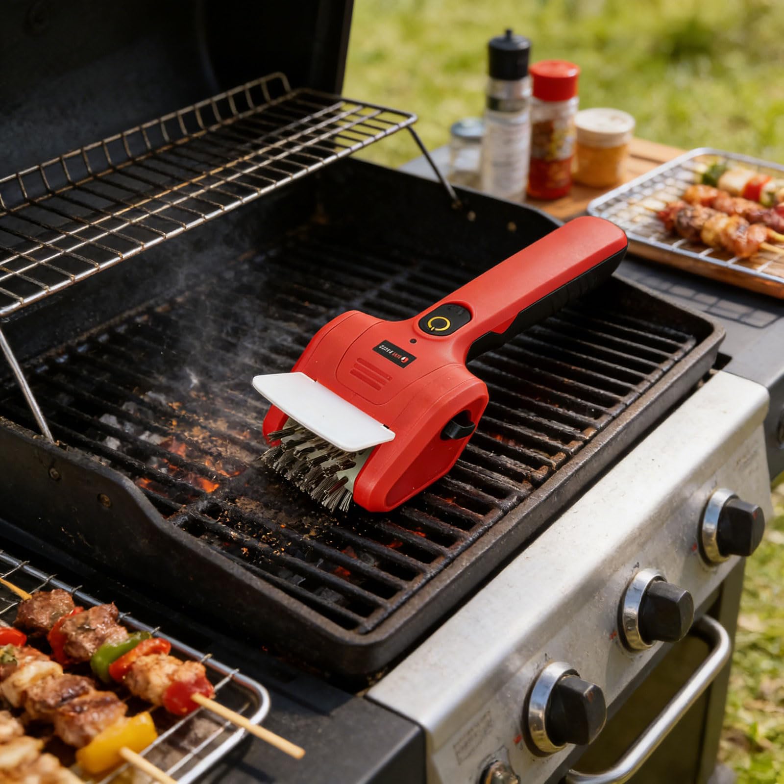 Limpiador de parrillas motorizadas con cerdas de acero inoxidable, cabezal de cepillo apto para lavavajillas, ideal para cocinar al aire libre, barbacoa al aire libre, herramienta de limpieza