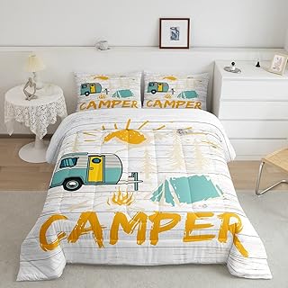 Happy Camping Comforter Set Queen,Colorful Cartoon Camper Bedding Set 3pcs for Kids Teens Adults Room Decor,Rustic Farmhouse Wooden Board Duvet Insert Cartoon Sun Pine Quilted Duvet,2 Pillowcases