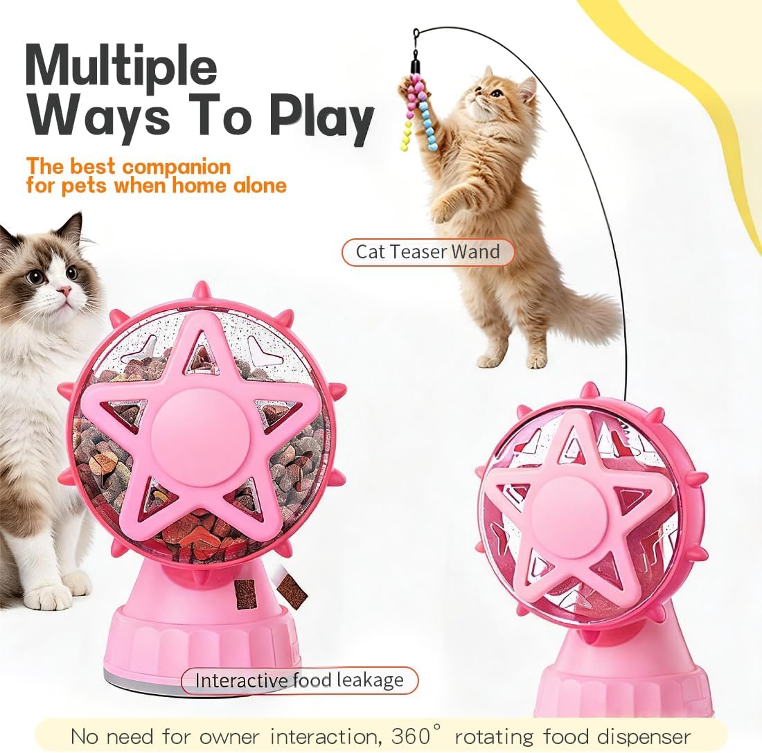 2-in-1 Interactive Cat Toy, Rotating Treat Dispenser with Strong Suction Cup & Teaser Wand, Adjustable Slow Feeder Puzzle Toy for Cats, Boredom Relief & Mental Stimulation Fits Kibble ,Treats (Pink) image 5