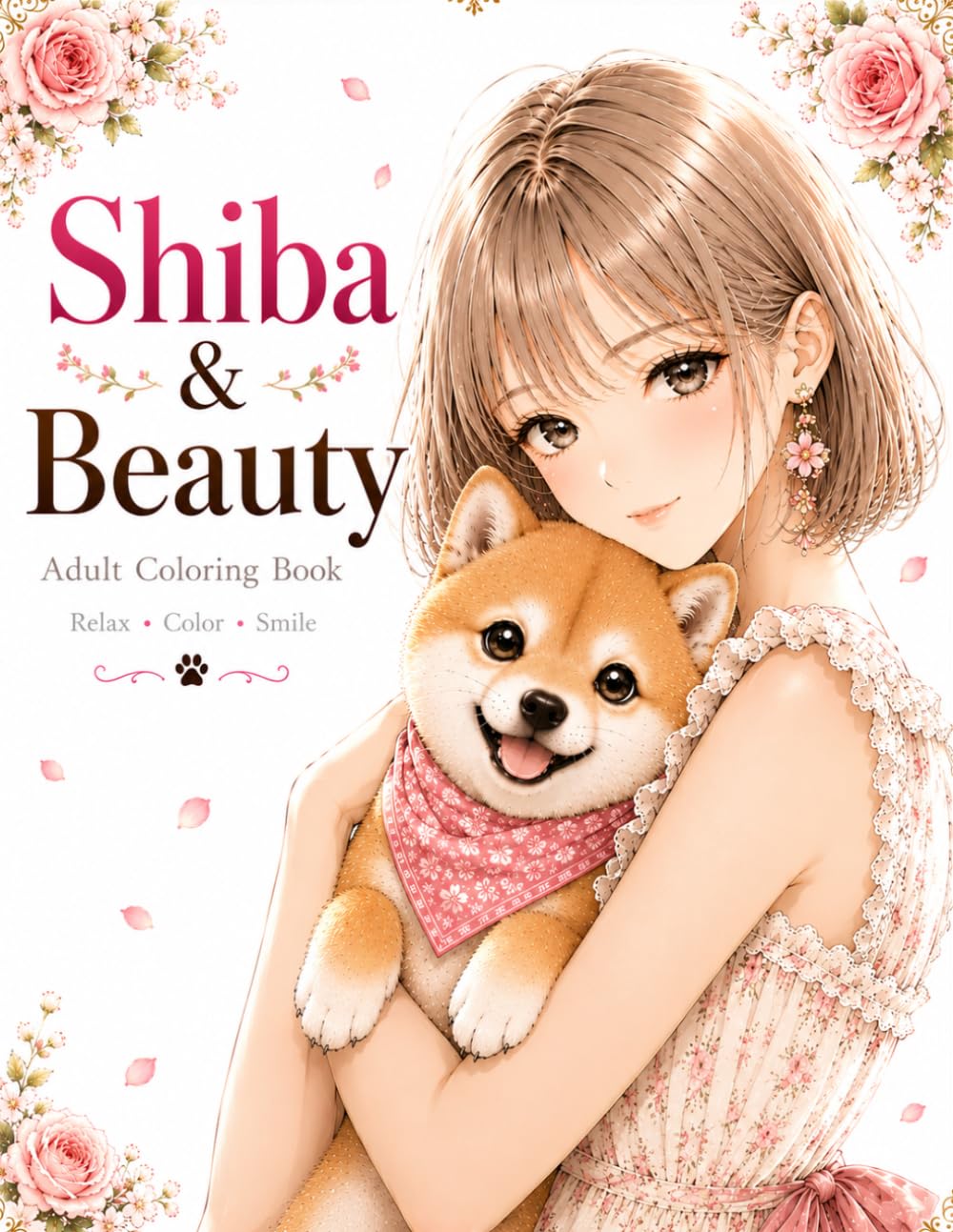 Shiba & Beauty: A Relaxing Adult Coloring Book with Beautiful Girls, Adorable Shiba Dogs, Flowers, Cozy Moments, and Heartwarming Scenes