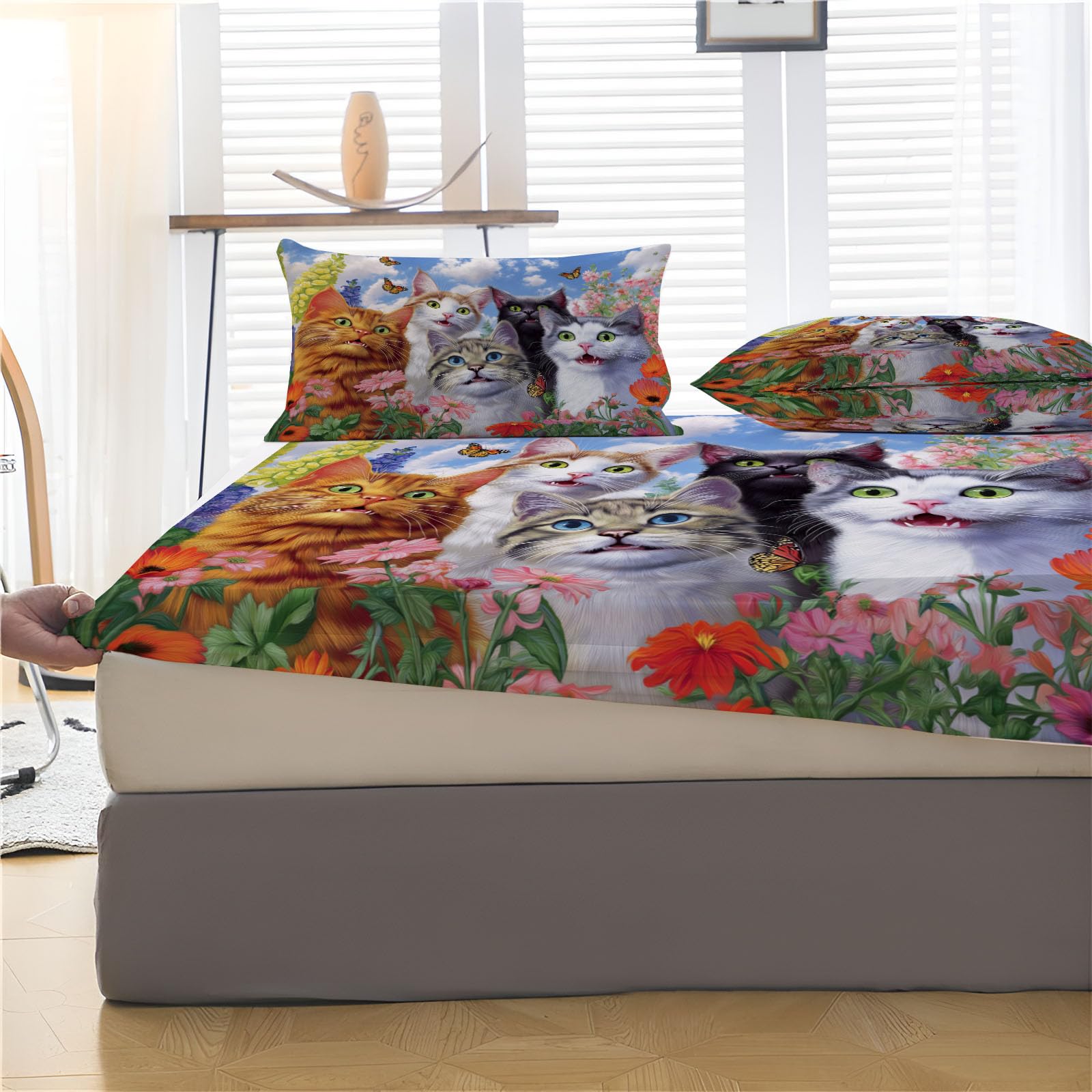 Sábanas 200X190/200Cm - Juego De Sábanas 3 Piezas Estampadas Lindo Gato - Microfibra Suave Transpirable - Sábana Bajera Ajustable - Ropa De Cama Jardín De Ensueño (Azul Cielo)
