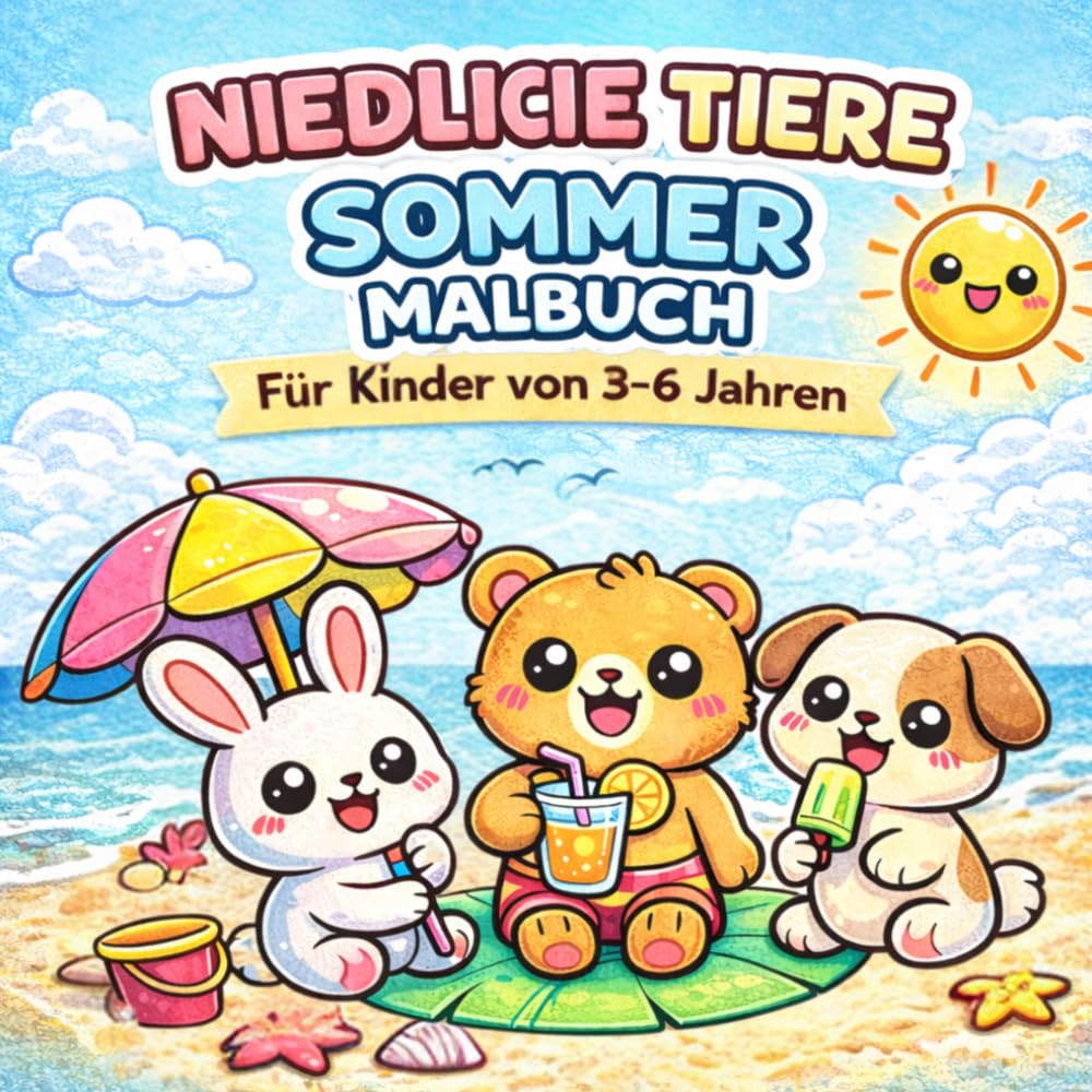 Niedliche Tiere Sommer Malbuch für Kinder 3-6 Jahre: Einfache Ausmalbilder mit süßen Tieren, Strand Motiven und großen Designs für Kleinkinder