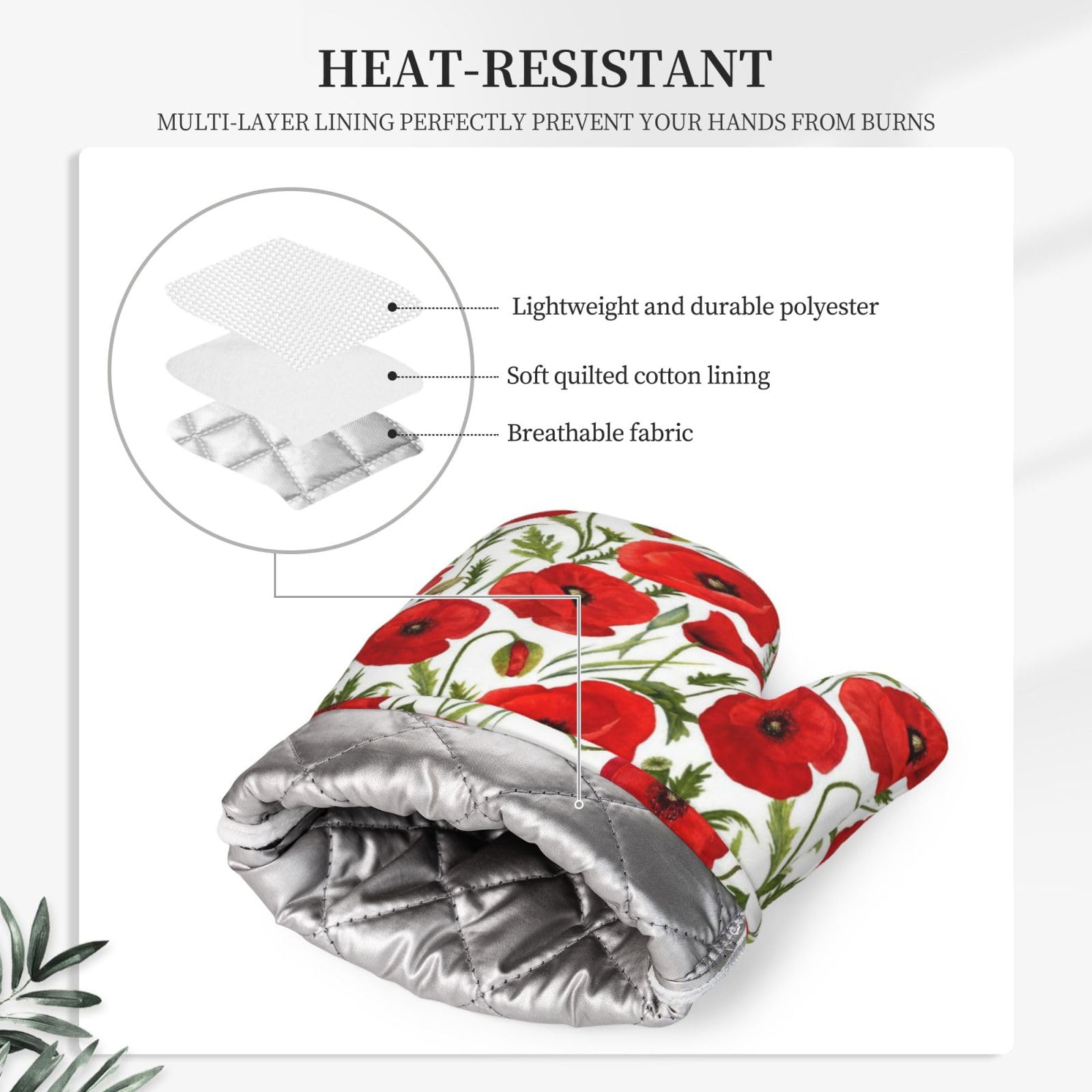 Lot de 4 maniques et maniques à imprimé coquelicot rouge | Moufles de cuisine élégantes en silicone motif coquelicots vintage pour cuisine, chef, barbecue, barbecue