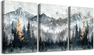 DZRWUBHS Canvas Wall Art for Bedroom Modern Wall Decor for Living Room Office Decorations Mountain Landscape Wall Pictures Foggy Forest Vintage Paintings Artwork Bathroom Home Decor Prints 3 Piece