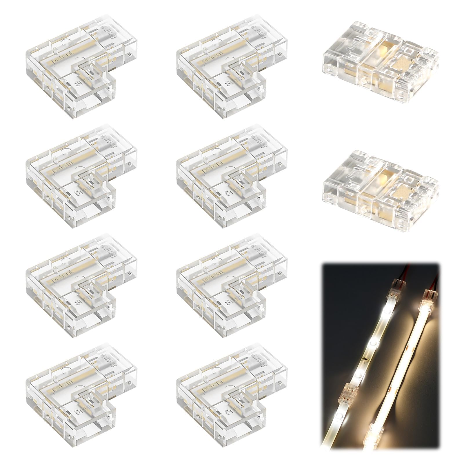 10 Stk COB LED Streifen Verbinder 2 Polig 8mm Breite, 8 Stück L Form Eckverbinder und 2 Stück Mittelverbinder, LED Strip Verbinder Lötfrei und Transparent, LED Strip Connector für COB SMD 12V/24V