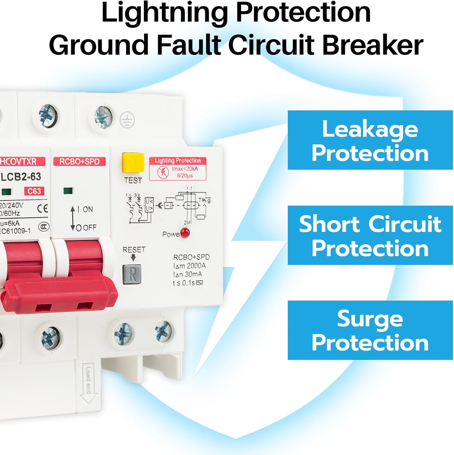 120V-240V Circuit Breaker with Leakage Protection,63 Amp RCBO and Surge Protector Breaker,DIN Rail Mount Ground Fault Circuit Breaker for Residential Industrial Outdoor