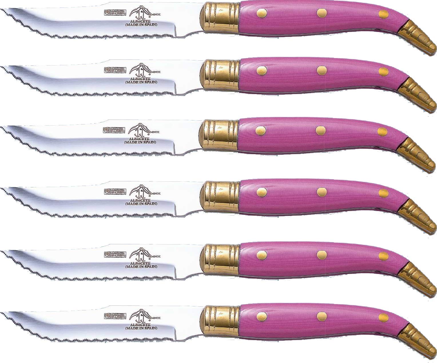 Sonpó Online - Cuchillo Chuletero de Mikarta Rosa, de 11 cm. - Pack de 6 cuchillos con hojas de acero inoxidable