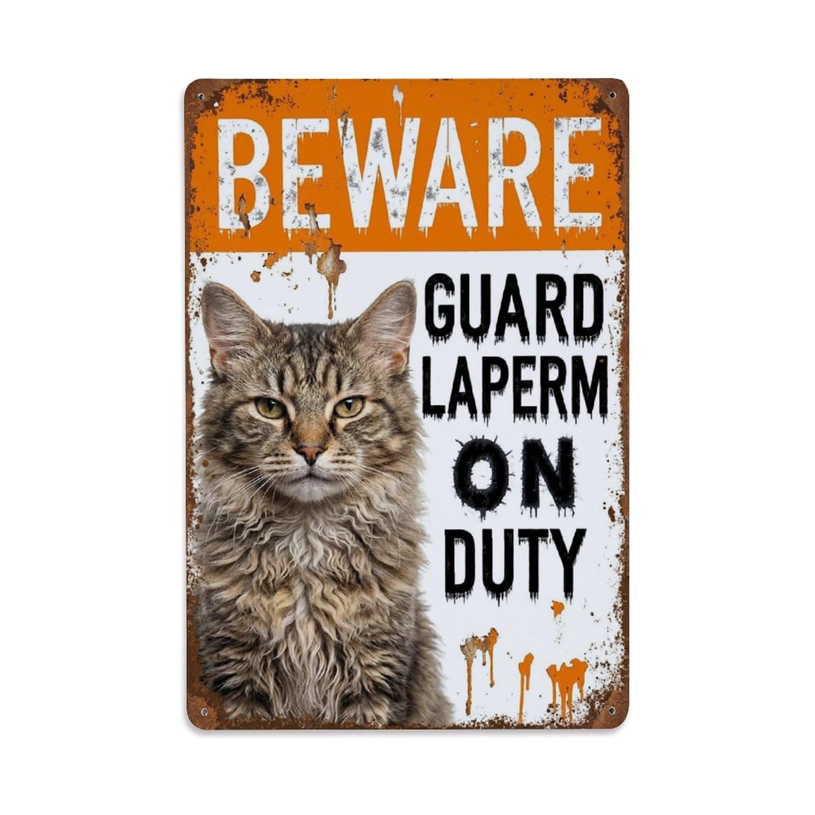 Vintage Funny LaPerm Guard Beware of Cat Pier Metal Tin Sign Plaque Wall Decor for Cafe, Club Bar, Office, Garden Metal Poster 8x12Inch