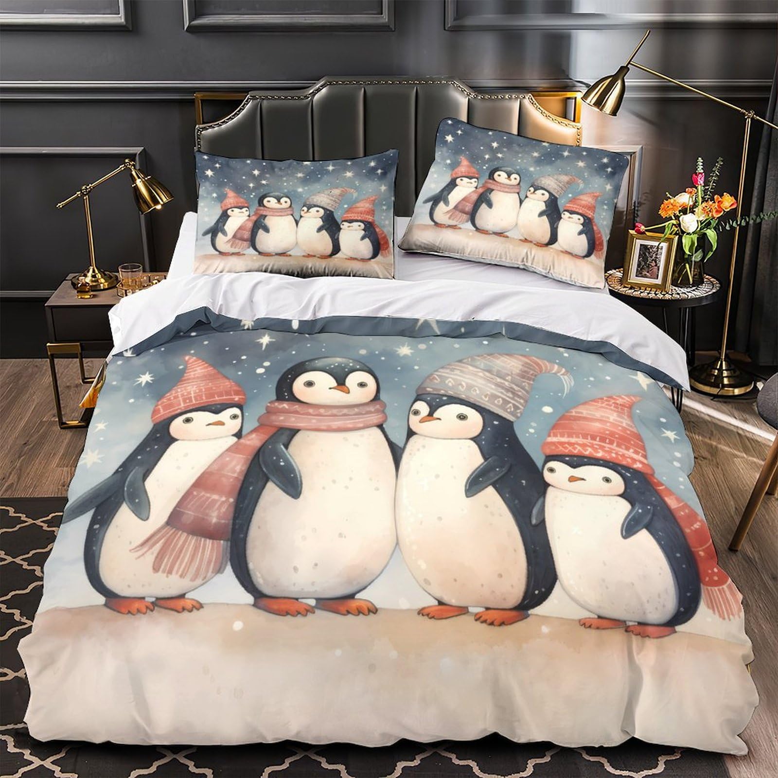 Housse de Couette Anti-Acarien Pingouins Parure Lit Microfibre Facile à Fermer
