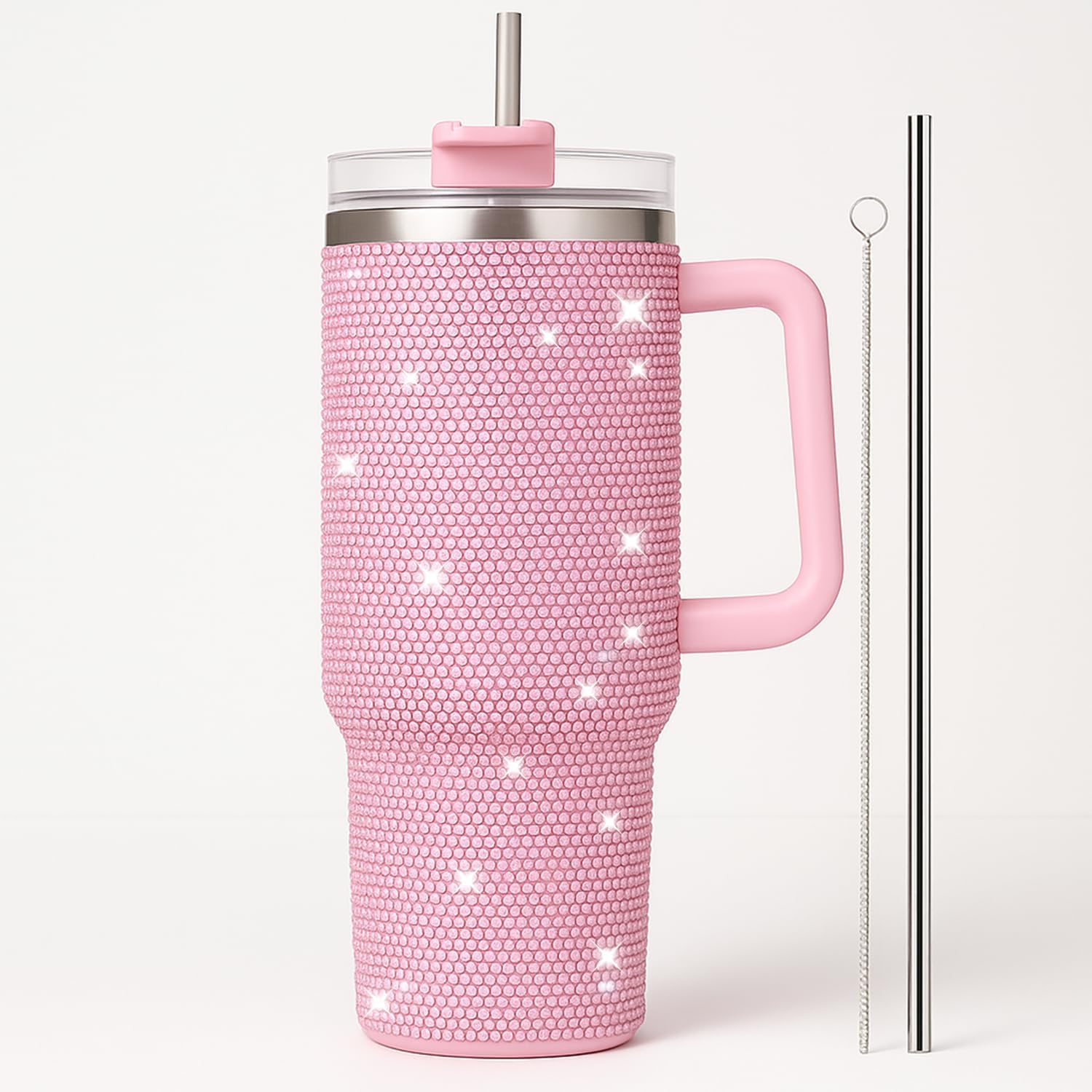 THIRSTEE Glitter Tumbler with Straw and Handle – 40 oz Sparkly Pink Stainless Steel Travel Mug, Leakproof, Insulated Cup for Coffee, Water, Cold & Hot Drinks (Baby Pink)