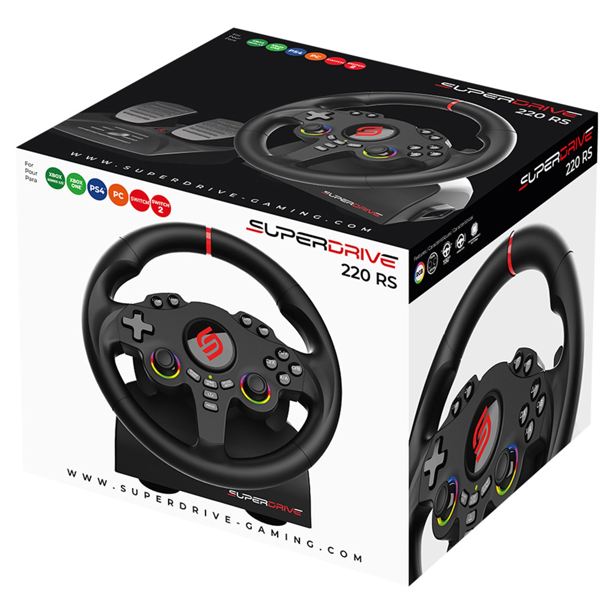 Subsonic - Volant Superdrive 220RS - Switch 2/Switch, PS4, PC, Xbox - Noir | Volant de Course Double Joysticks pour GTA 6 - LED - Vibrations - Diamètre 22 cm, Rotation 180° - Livré avec Pédales